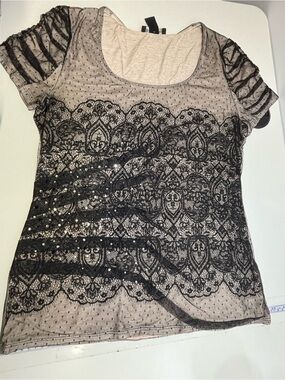 White House Black Market Black & Nude Swiss Dot Lace Rhinestone Top M